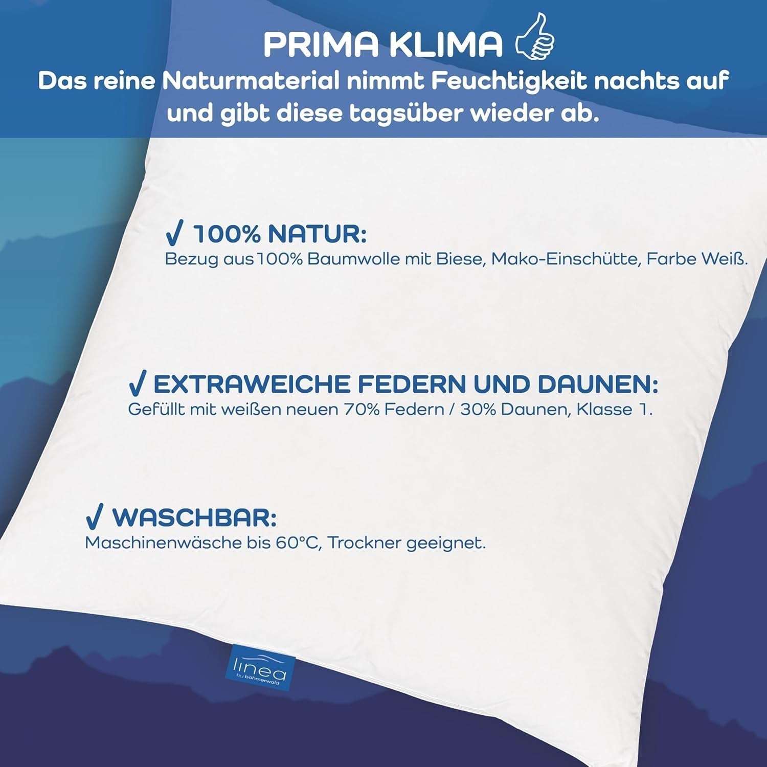 LINEA by Böhmerwald - Cosy - Oreiller Balance de haute qualité, 80X80, 70% plumes classe 1, 30% duvet neuf, adapté aux allergies, lavable jusqu'à 60°C, fabriqué en Allemagne Oreillers standards Naty Shop