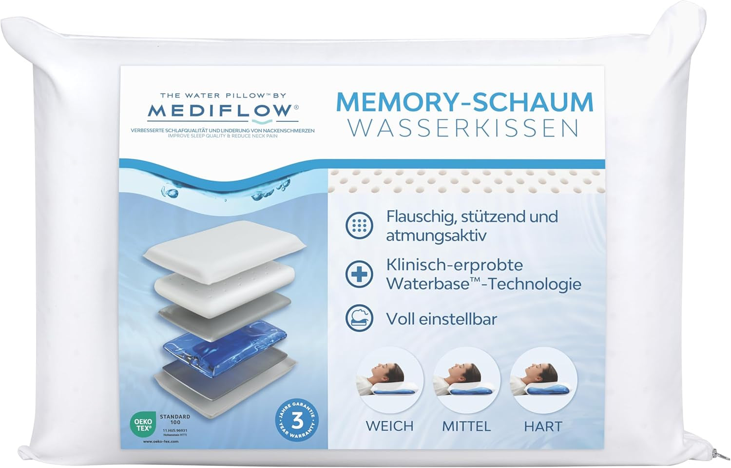 Mediflow The Original 5008 Coussin d'eau 50 x 70 cm avec mousse viscoélastique, blanc, simple, 1 pièce (1 paquet) Naty Shop Standard Pillows Titre par défaut