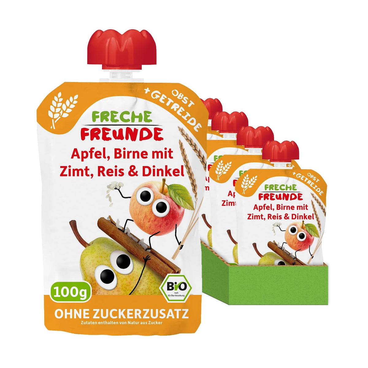 FRECHE FREUNDE Sachet de fruits à presser biologique pomme cannelle poire riz épeautre purée de fruits avec céréales pour bébés de 6 mois et plus végétaliens 6 paquets (6 x 100 g)