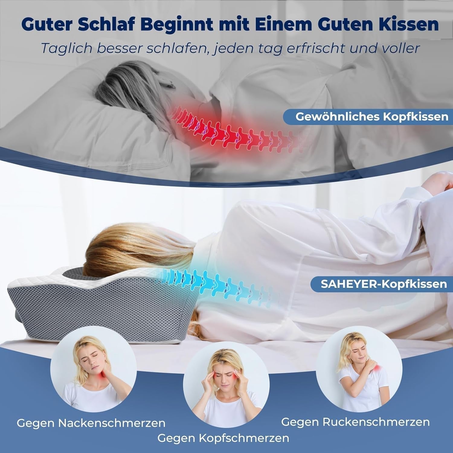 SAHEYER oreiller orthopédique oreiller de soutien de la nuque oreiller de tête, oreiller cervical ergonomique oreiller pour dormeur latéral 60 X 40 X 13/11 cm oreiller en mousse à mémoire de forme pour dormeur latéral, dos et ventre Oreillers orthopédiques cervicaux Naty Shop