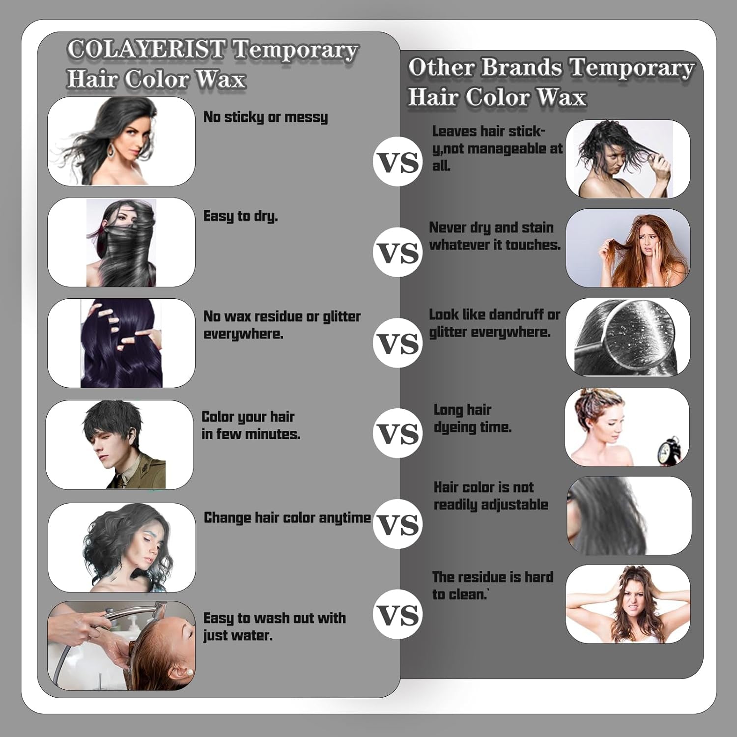 COLAYERIST Cire colorante temporaire lavable pour cheveux noirs pour hommes et femmes Mascara capillaire pour fête ou cosplay Produits de coloration capillaire sans dégâts Naty Shop