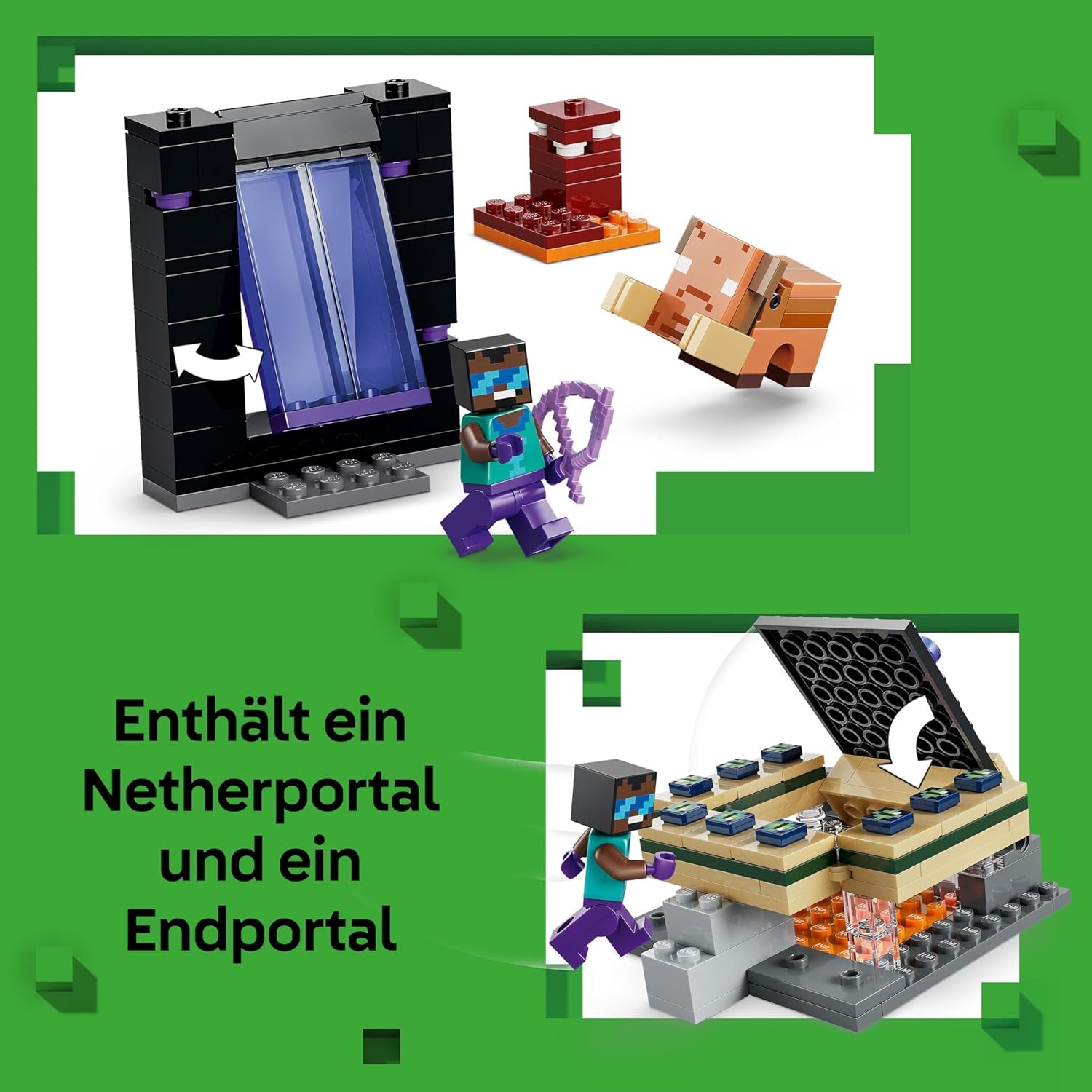 LEGO Minecraft Voyage à travers Nether et Endportal - Jeu pour enfants avec figurines Helden, Enderman et Baby Hoglin - Set avec figurine Minecraft - Jeu de joueur pour jeunes et filles à partir de 7 ans - 21584