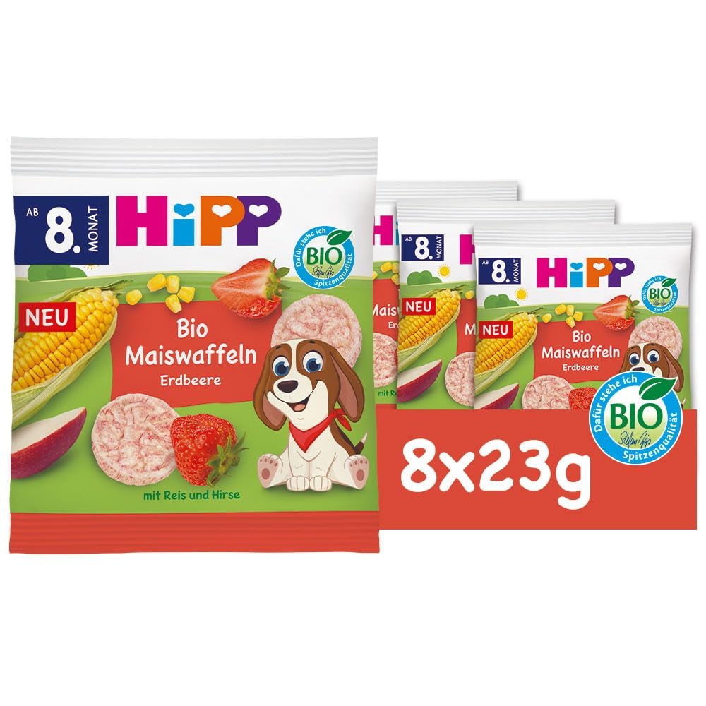 HiPP Gaufres de Maïs Bio aux Fraises (8 x 23g), collation pour bébé à partir de 8 mois, sucrées uniquement avec des fruits et légumes, sans gluten, meilleure qualité biologique
