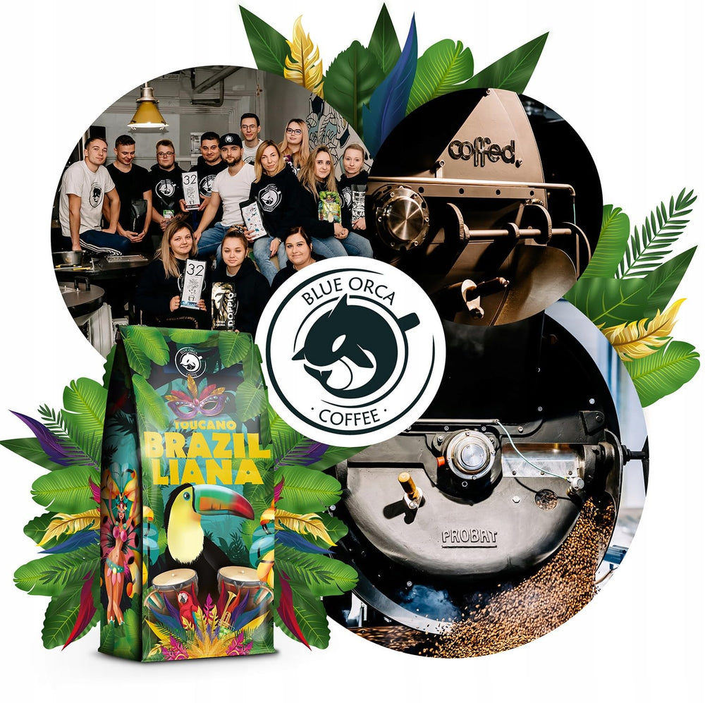 Café moulu Brazilliana Toucano 1 kg | 100% Arabica | avec des notes de noix, de chocolat et de raisins secs | torréfaction moyenne, faible acidité | pour machines à expresso | Torréfaction de café Blue Orca