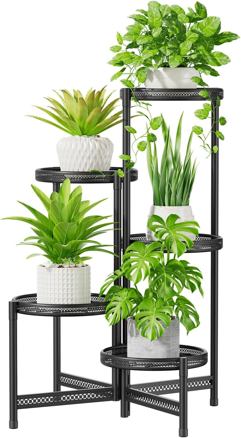Idavosic.Ly Pflanzenständer Metall Groß Mit 5 Etagen, Blumenständer Pflanzenregal Blumenregal Indoor Outdoor, Faltbar Blumentreppen Innen Plant Stand Shelf Für Garten Balkon Wohnzimmer (Rund, Schwarz)