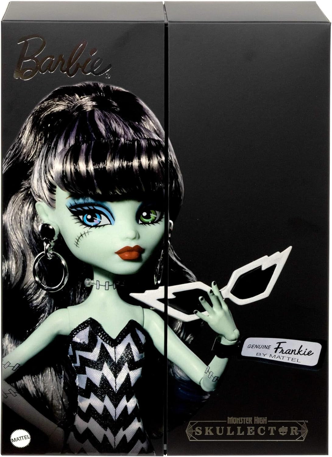 Poupée Monster High x Barbie Frankie Stein avec maillot de bain original inspiré de Barbie et solo dans la robe de soirée noire Spotlight, accessoires, JHK28
