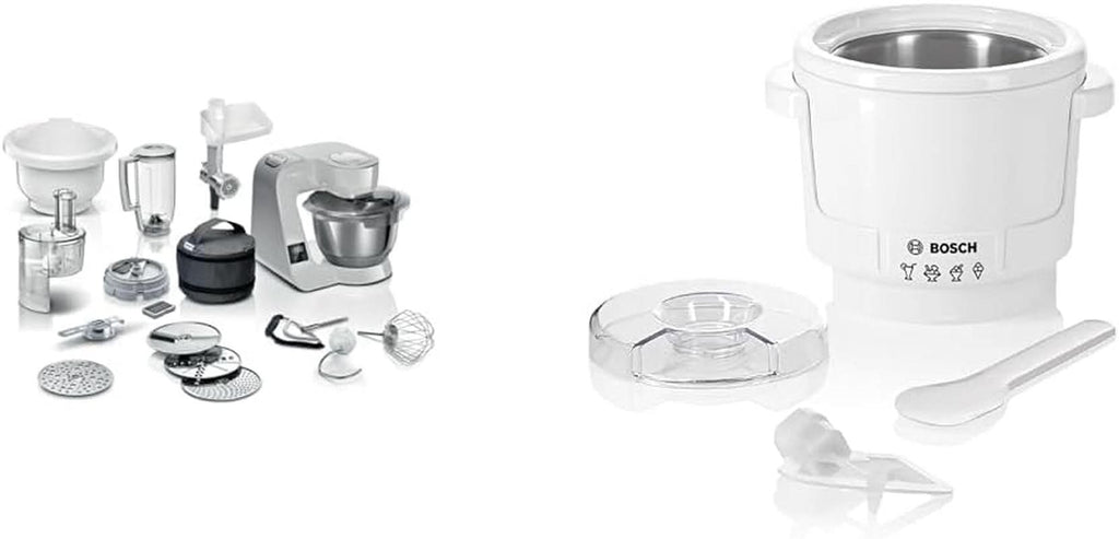 Robot de bucătărie Bosch Seria 4 MUM5X720, cântar integrat, bol din oțel inoxidabil 3.9L, mixer 1.25L, 1000W Accesorii Hrana si Alaptare Bebe Naty Shop Pachet cu mașină de făcut gheață Gri Argintiu 6 accesorii