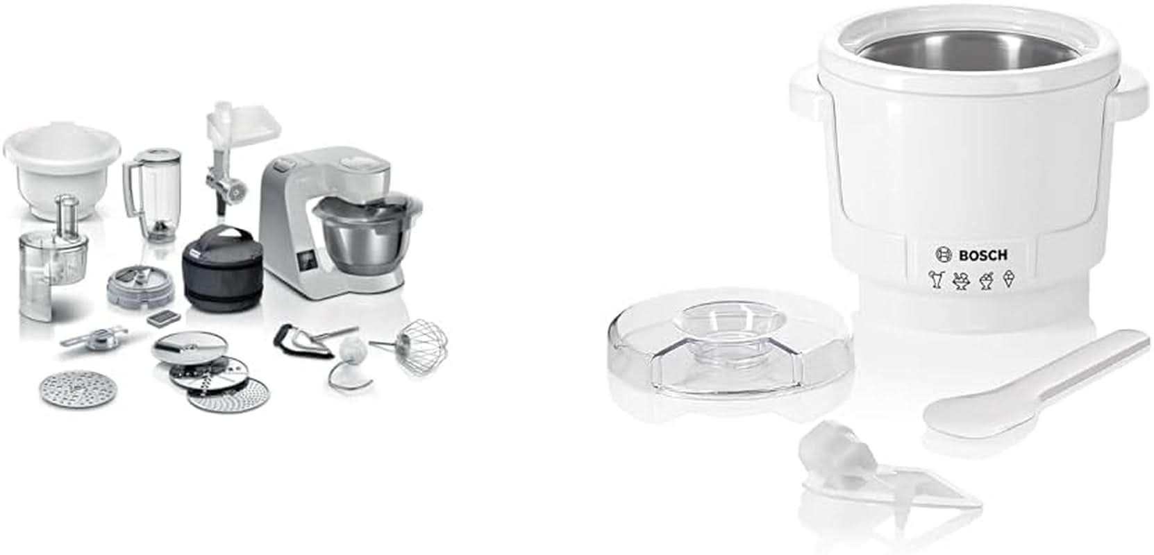 Robot de bucătărie Bosch Seria 4 MUM5X720, cântar integrat, bol din oțel inoxidabil 3.9L, mixer 1.25L, 1000W Accesorii Hrana si Alaptare Bebe Naty Shop Pachet cu mașină de făcut gheață Gri Argintiu 6 accesorii