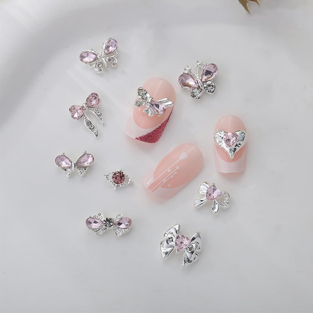 Luxus Rosa Diamant Nagel Charms 3D Butterfly Nail Art Charms Bow Nail Charms Y2K Heart Charms Nägel Zubehör Schmetterling Herz Schleife Nageldesign Edelsteine Strasssteine Glitzersteine Nagelschmuck
