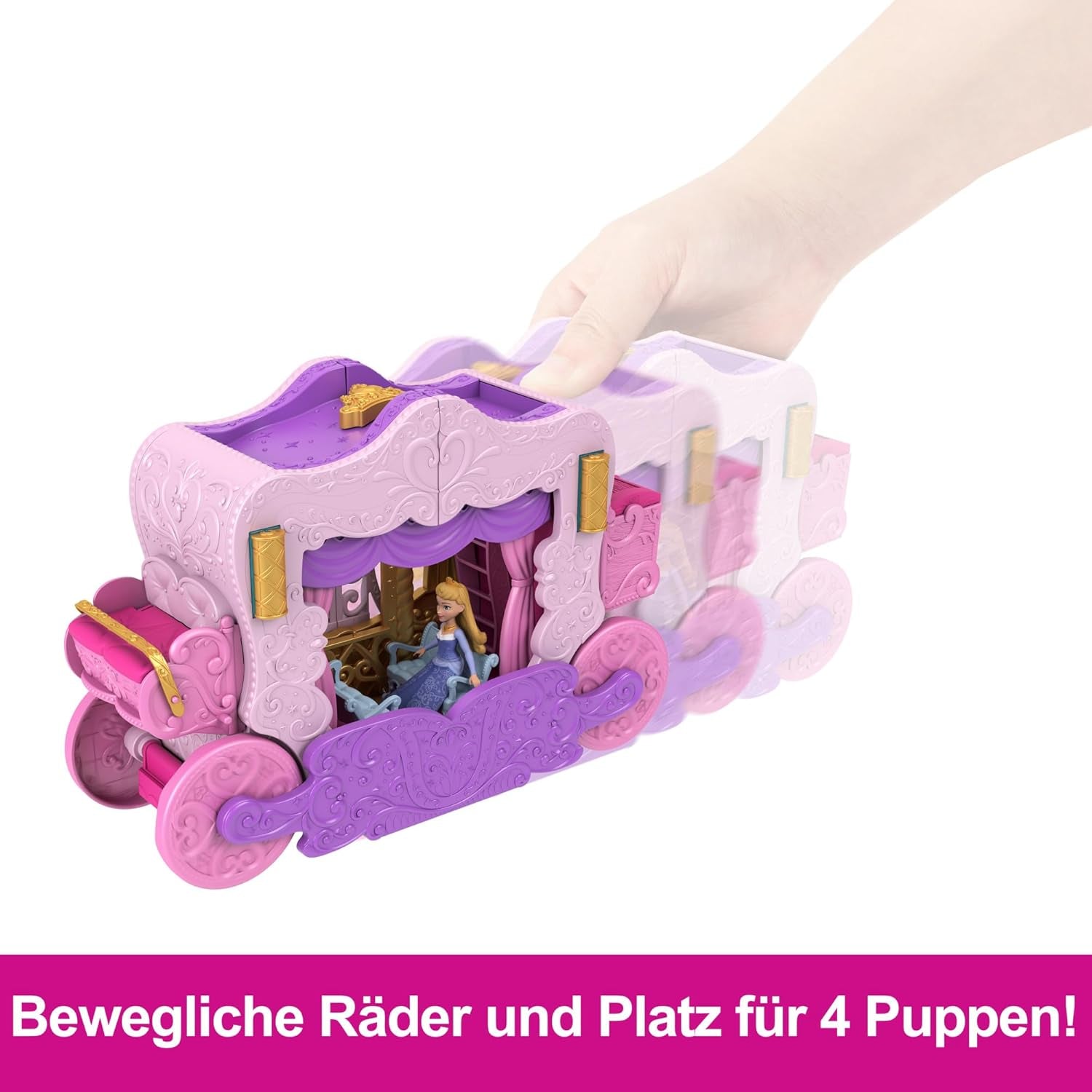 Mattel Disney Prinzessin Verwandlungs-Spielset Kutsche zu Schloss mit kleiner Puppe Aurora, 3 Ebenen, 6 Spielbereichen, 4 Figuren, Möbeln & Zubehör HWX17