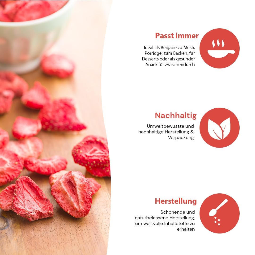 '- 150 g Fraises lyophilisées 100% naturelles et pures - Fraises séchées tranchées - Fruits secs lyophilisés sans sucre ajouté - Chips de fraises non sucrées Produits déshydratés Naty Shop