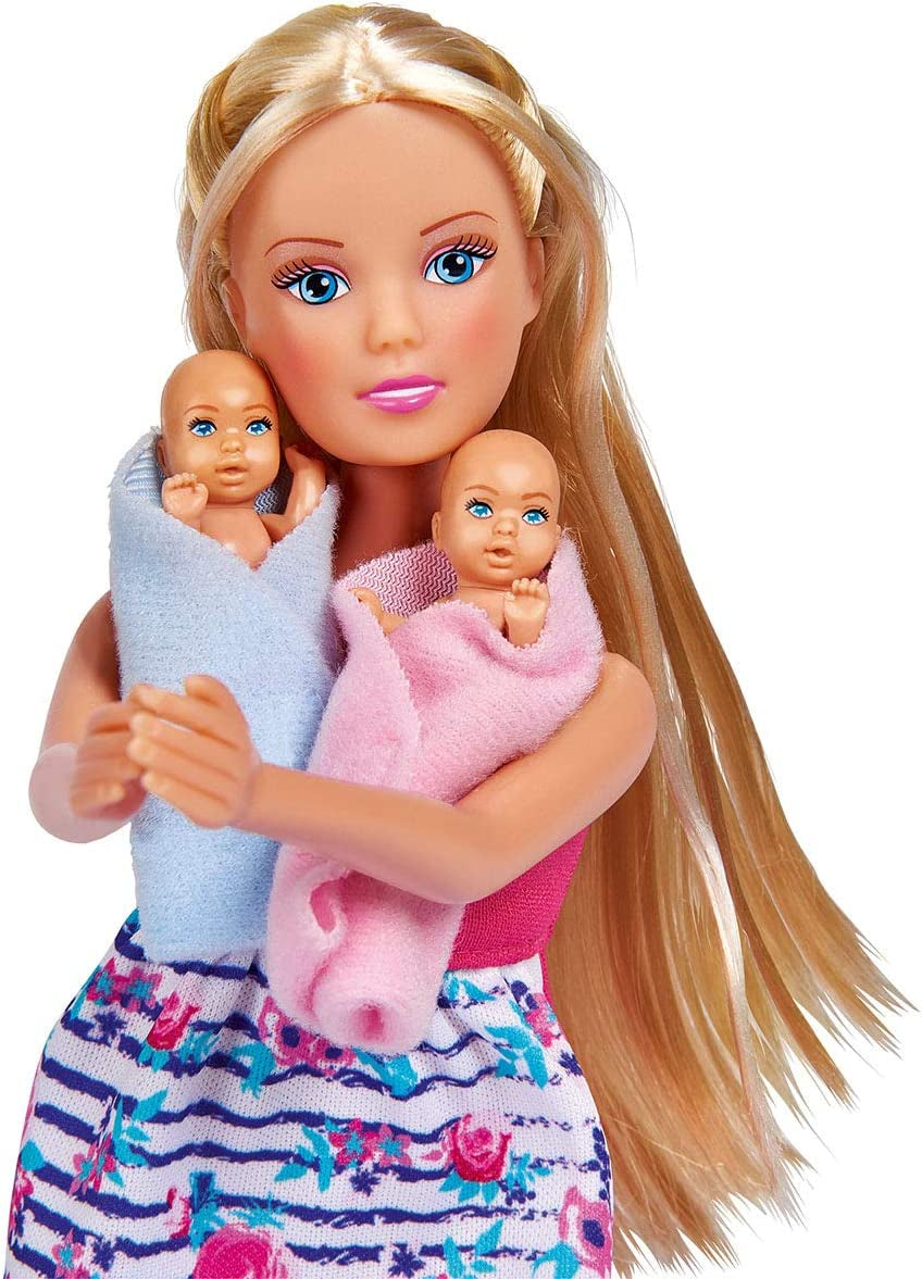 Simba 105733333 - Steffi Love Welcome Twins, poupée enceinte avec jumeaux, table à langer et baignoire, accessoires, poupée mannequin, 29 cm, pour enfants de 3 ans et plus