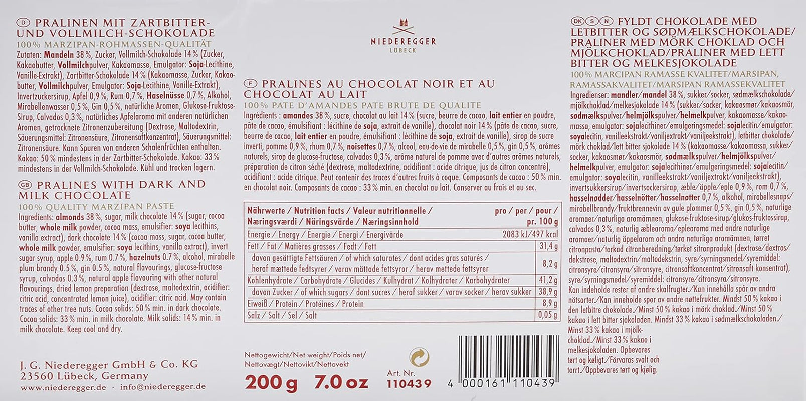 Massepain Niederegger Variantes Classiques (alcoolisées) 200g