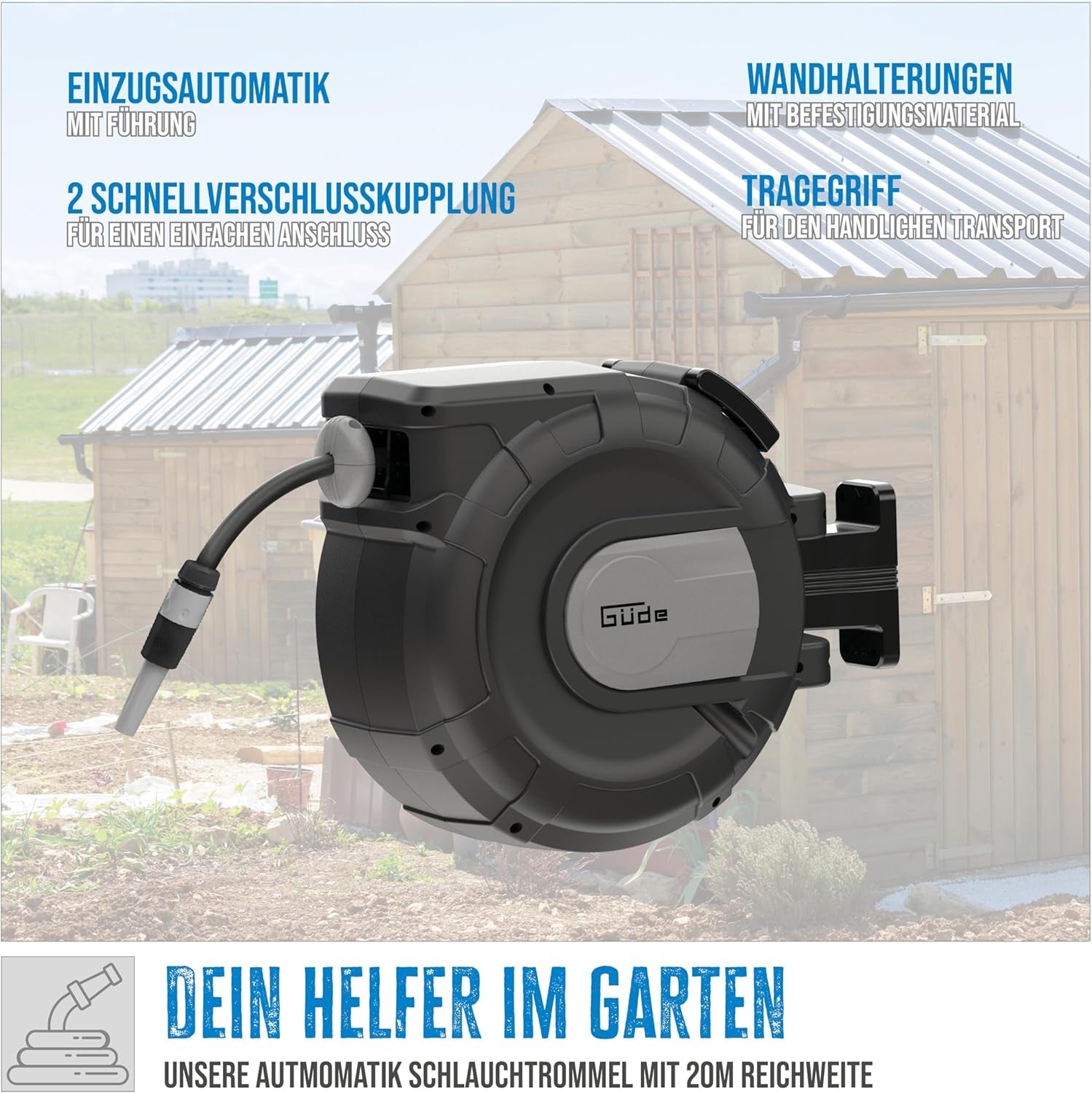 Enrouleur de tuyau automatique Güde 20-2-2 1/2 (pour montage mural, rotation à 180°, tuyau de 20 m, jet d'eau, support mural, enroulement automatique, butée d'enroulement, poignée de transport, 2 raccords rapides)