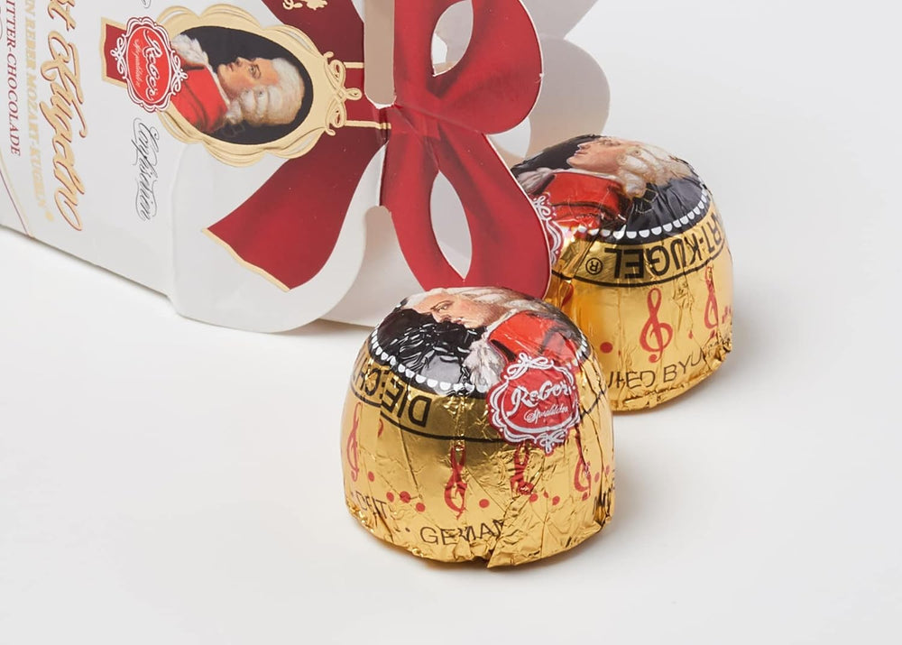 Rebel, Duet Mozart Kugeln, pack de 2, boules Mozart au chocolat noir fourrées à la pistache et pâte d'amande, nougat aux amandes et noisettes, 40g (2 boules Mozart)