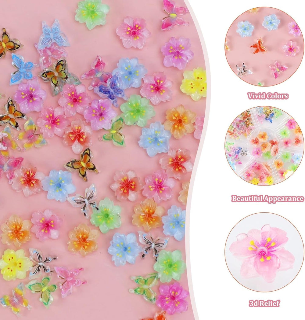 YICH Nail Charms Nägel Charms 50Pcs 3D Flowers + 50Pcs 3D Schmetterling, Summer Nägel Deko Set Schmetterling/Flowers Nail Art Nailart