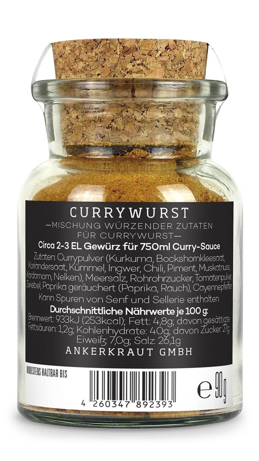 Ankerkraut Currywurst, 90g dans un verre en liège, Gewürzmischung zum Anmischen selbstgemachter Currywurst-Sauce ou comme Topping