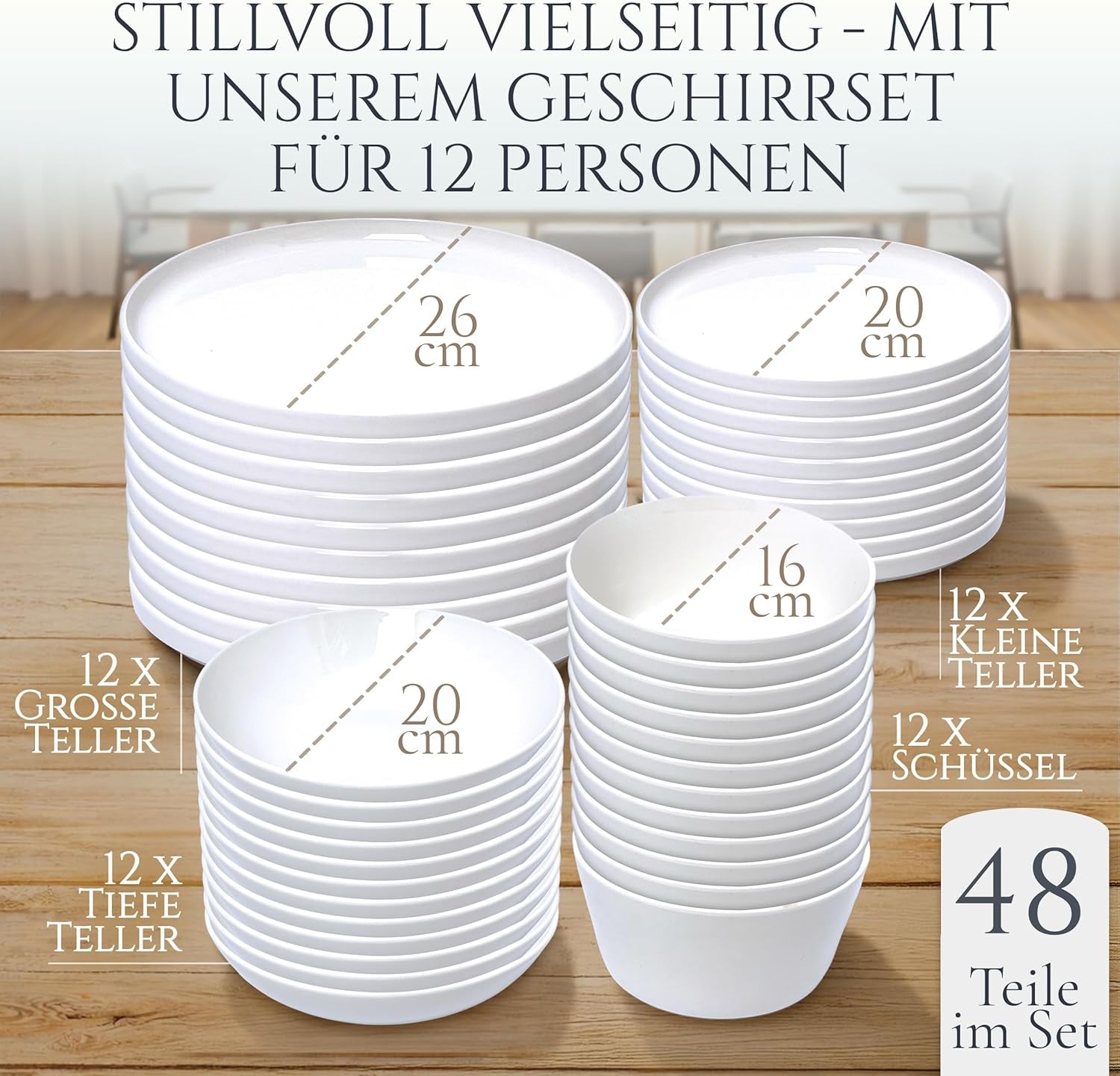 Service de table en porcelaine Crystal 48 pièces, gagnant du test, service de table en porcelaine transparente, bols et assiettes, service de table pour 12 services de table Pure Living en blanc