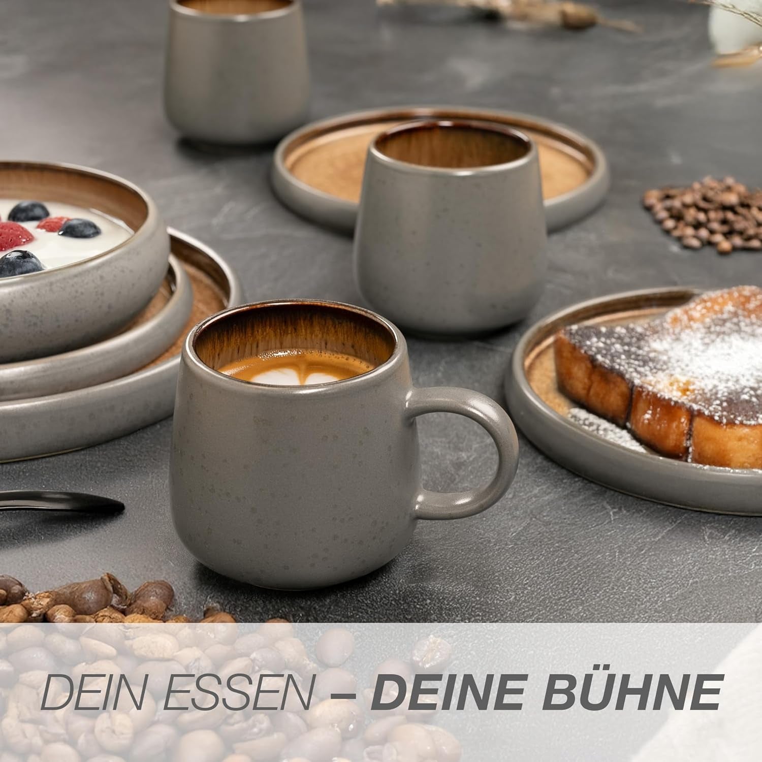 Moritz & Moritz SOLID Service de table en grès 24 pièces pour 6 personnes - Service de table pour 6 personnes composé de 6 assiettes plates, 6 petites assiettes, 6 assiettes plates et 6 tasses avec poignées