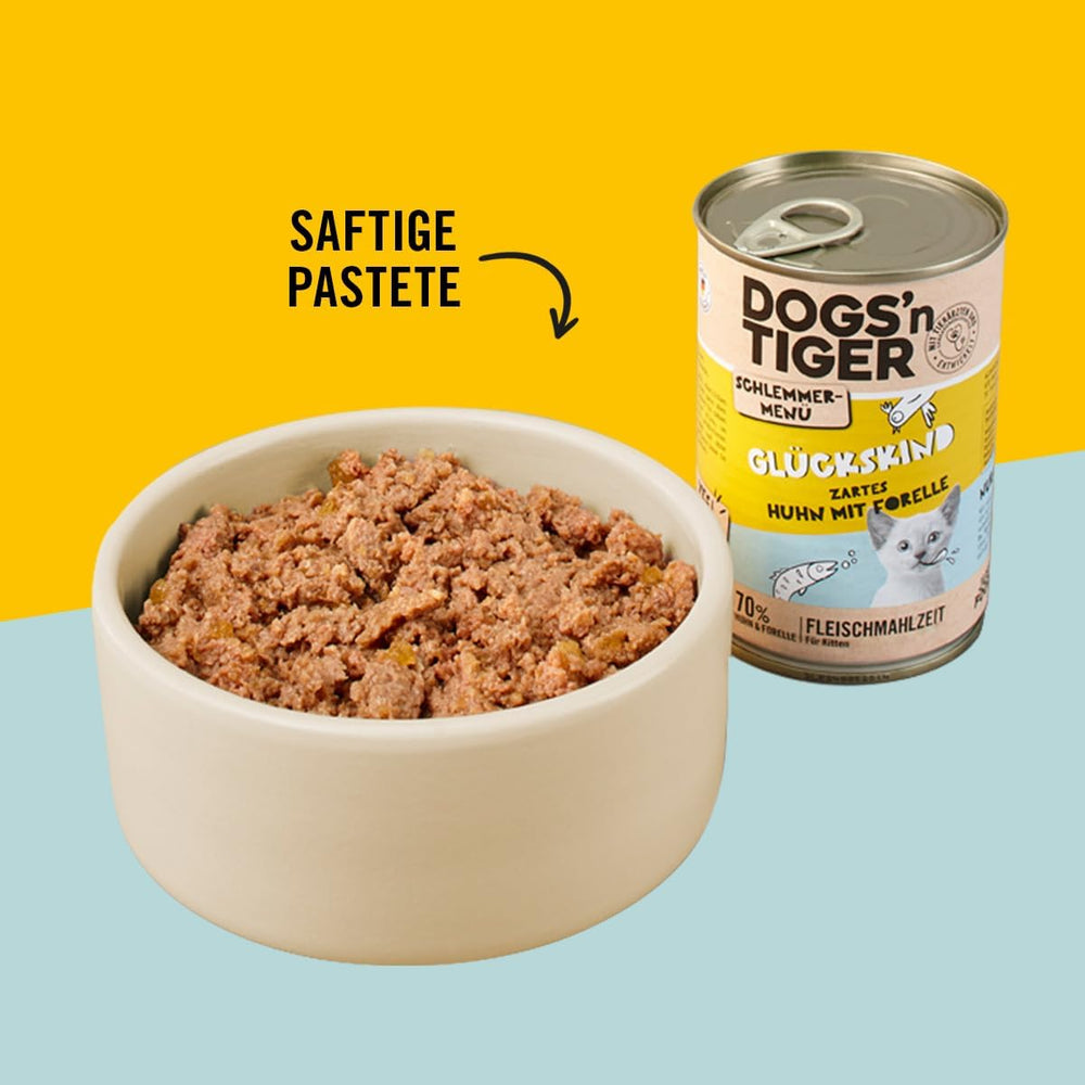 Dogs'n Tiger Schlemmermenü Glückskind, Nassfutter für Kätzchen, saftiges Hun und Forelle - sans Getreide, Zuckerzusatz, künstliche Konservierungsstoffe, optimale Verträglichkeit, 12x 200g
