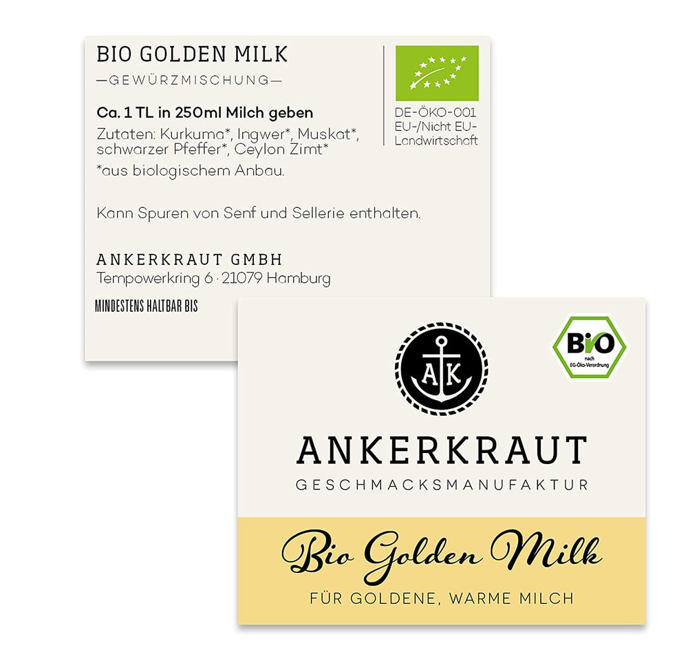Ankerkraut Bio Golden Milk, Gewürz für goldene Milch, avec Curcuma, Zimt et Ingwer, 75 g dans un verre en liège