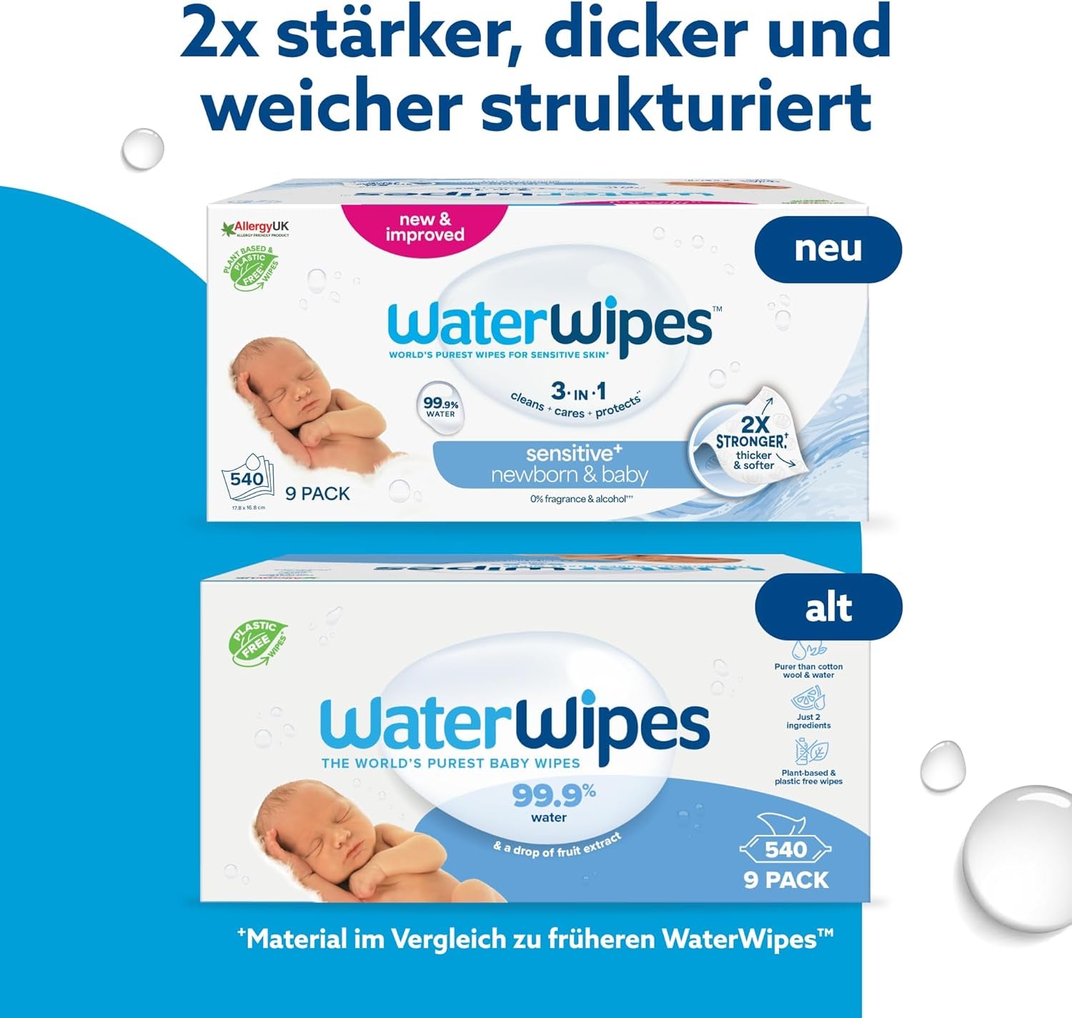 WaterWipes Sensitive+ Lingettes humides pour nouveau-nés et bébés, 540 pièces (9 paquets), nettoyage 3 en 1, entretien, protection, 99,9 % d'eau, sans parfum