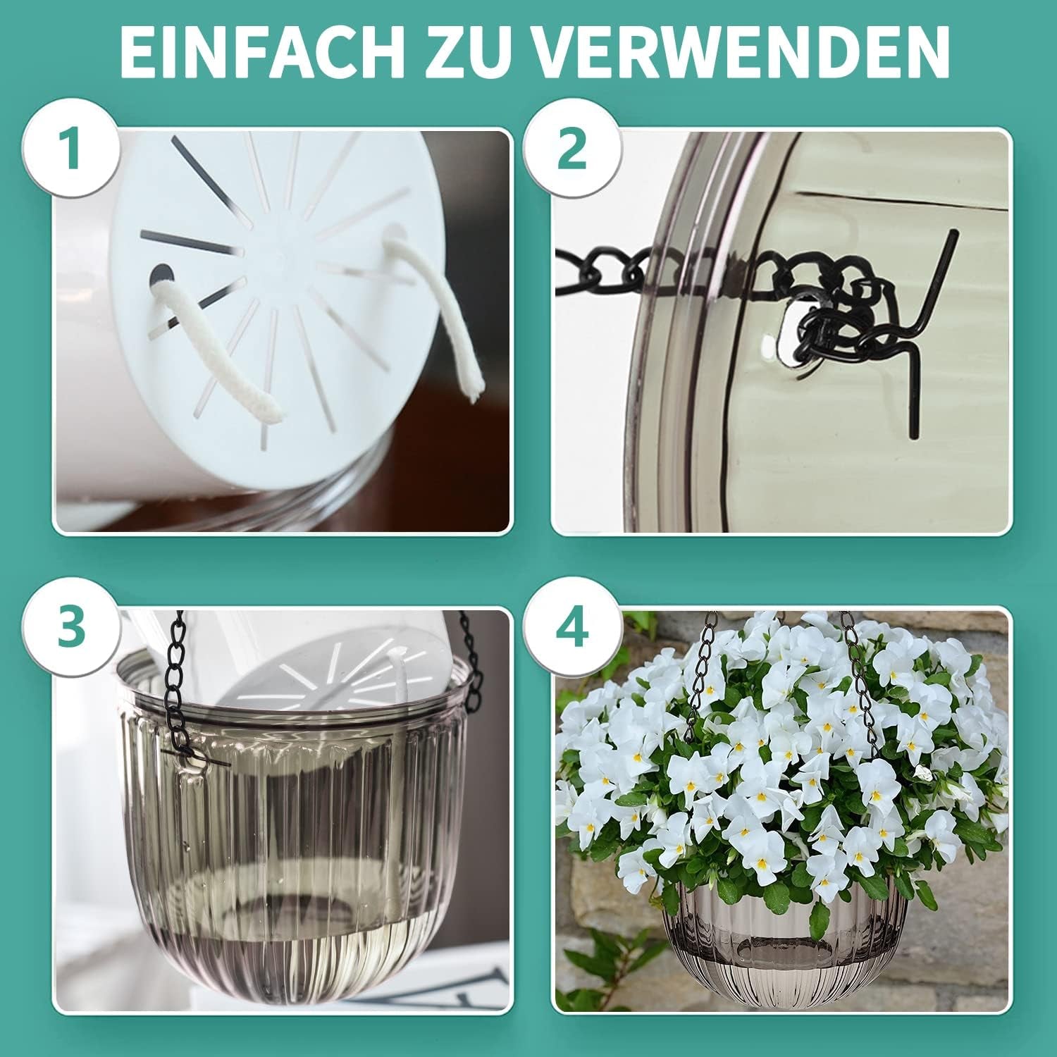 Lot de 2 jardinières suspendues à arrosage automatique, pot de fleur suspendu d'intérieur de 16,5 cm avec 3 crochets et trous de drainage pour une utilisation intérieure et extérieure, plafond, balcon et décoration murale (gris)