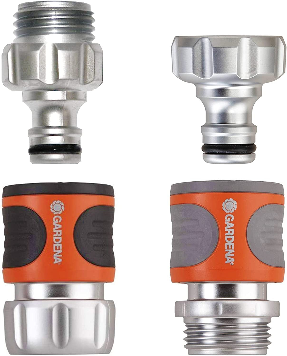 Gardena 39042-M Set de pornire cu cuplaj rapid metalic pentru furtunuri de grădină, cuplaje rapide și accesorii în câteva secunde, 4 piese, inclusiv adaptoare anti-scurgere pentru ștecher și priză