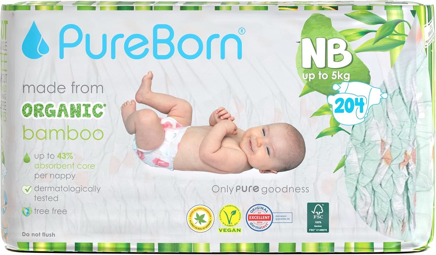 Couches en bambou biologique Pureborn Eco, taille pour nouveau-nés jusqu'à 5 kg, ultra douces, hypoallergéniques, avec indicateur d'humidité, imprimés variés Mère et Enfant Naty Shop Newborn (204 pcs)