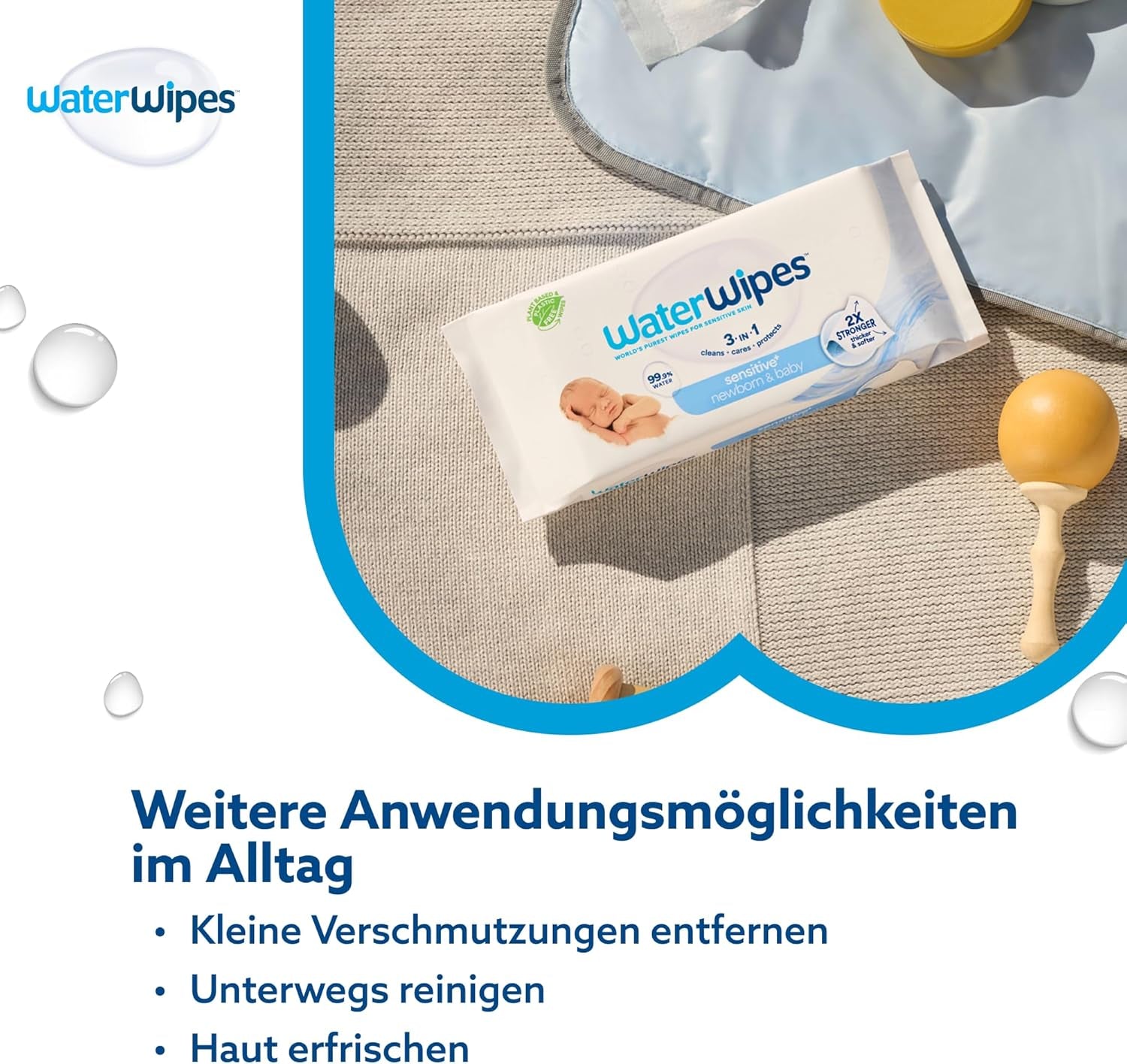 WaterWipes Sensitive+ Lingettes humides pour nouveau-nés et bébés, 540 pièces (9 paquets), nettoyage 3 en 1, entretien, protection, 99,9 % d'eau, sans parfum