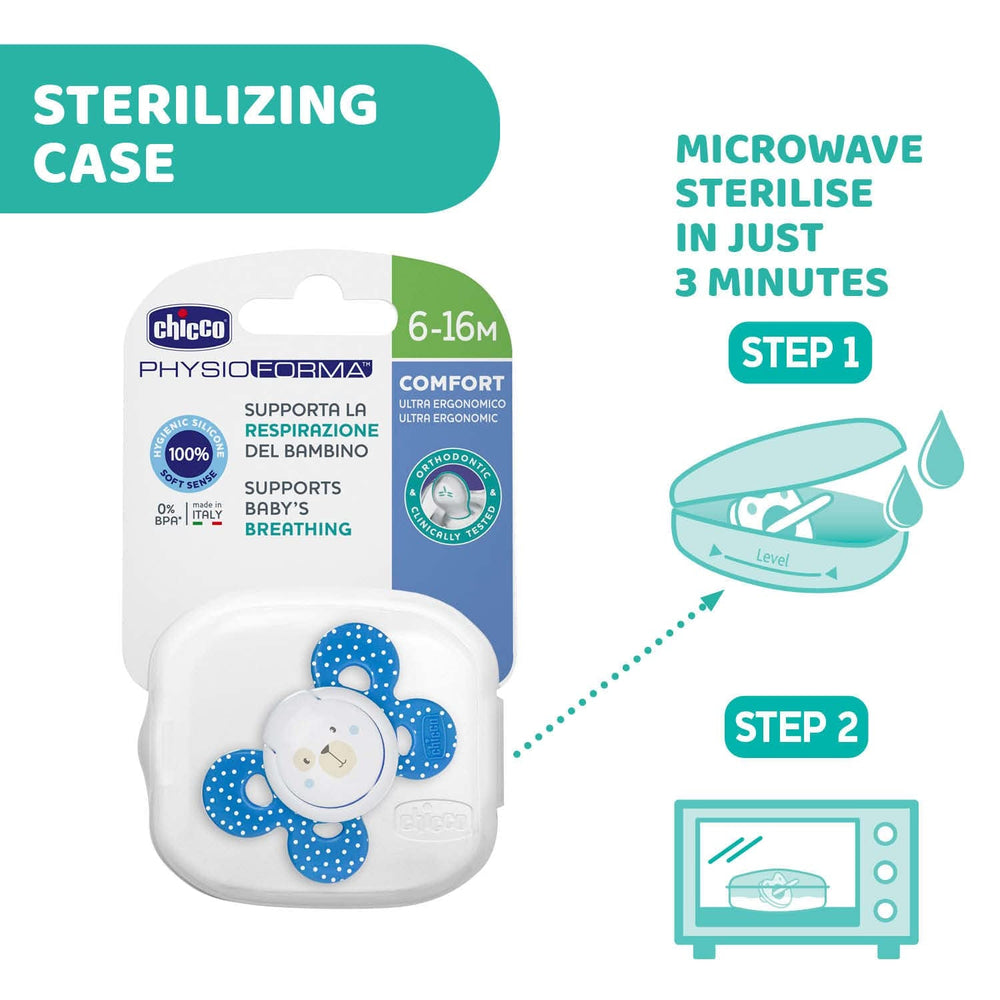 Chicco PhysioForma Comfort Sucette 6-16 mois, 1 pièce, Sucette avec tétine en silicone, soutient la respiration physiologique et favorise le développement buccal correct, Bleu