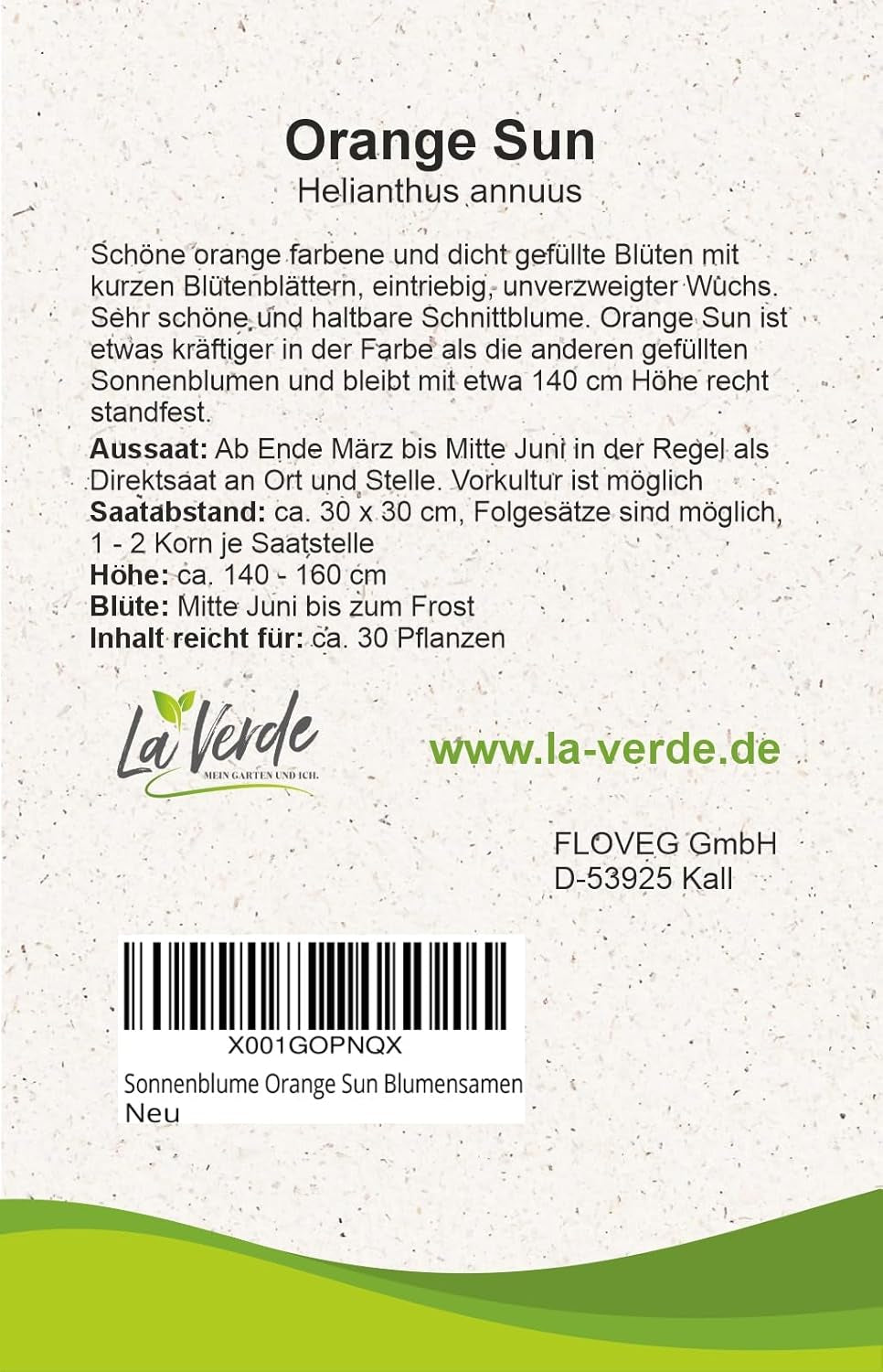 La Verde MEIN GARTEN UND ICH. Orange Sun Sonnenblumen Samen Für Ca. 30 Pflanzen, Gefüllte Orange Blüten, Eintriebig Und Schnittgeeignet, Blumensamen Ohne Gentechnik