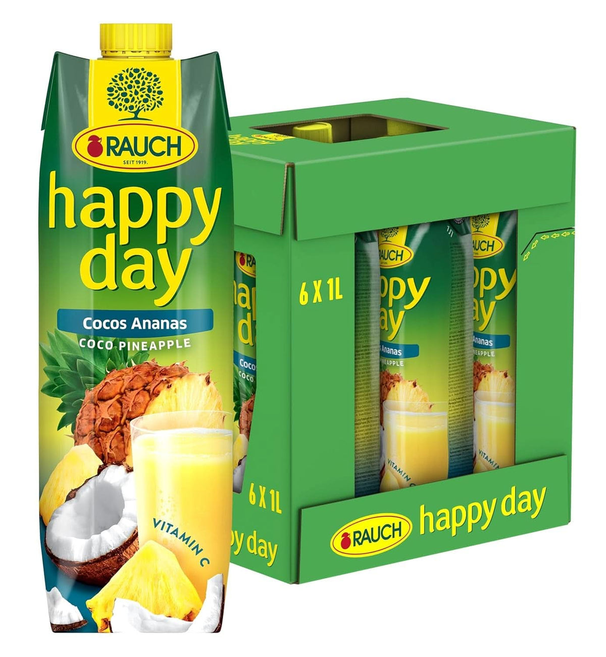 Rauch Happy Day Noix de Coco-Ananas | Un voyage aux Caraïbes | Jus de fruit d'ananas et eau de coco | 6 x 1 litre, Tetra Prisma Boissons sans alcool Naty Shop