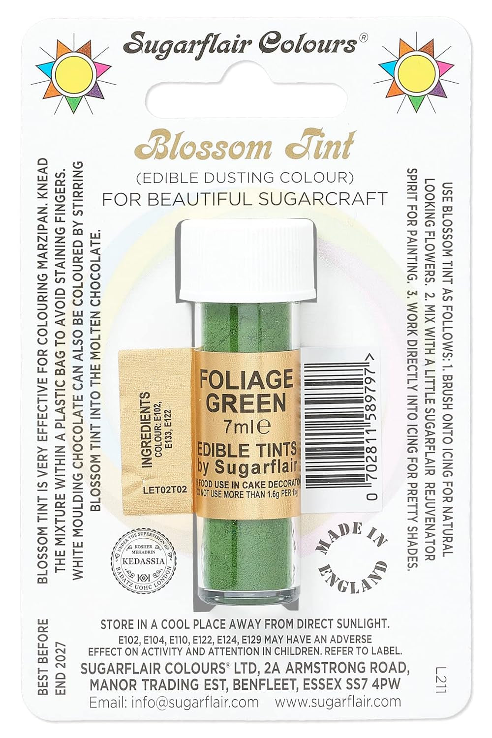 Colorant alimentaire en poudre Sugarflair Blossom Tint Dusting - Colorant alimentaire en poudre pour décorer pâte à sucre colorée, fondant, glaçage, chocolat, crème au beurre, macarons - 7ml