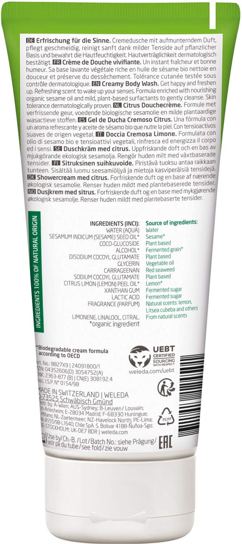 WELEDA Organic Refresh Shower Gel Vegan, gel de duș unisex, aromă de lămâie / portocală, 200 ml Naty Shop
