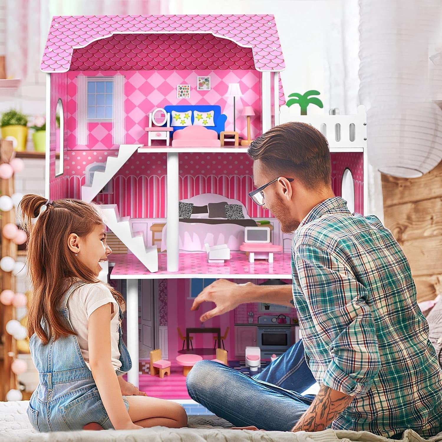 HENGMEI Puppenhaus Kinder Holz Puppenvilla Dollhouse Set Mädchen Spielset 3 Etagen House mit Möbeln und Zubehör, 70x30x100cm Puppenhäuser für Kinder (Typ B)