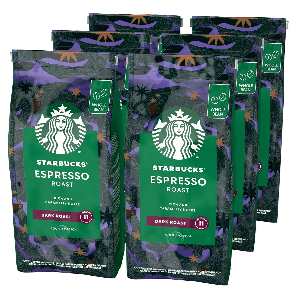 STARBUCKS Espresso Roast, torréfaction noire, grains de café entiers 200 g (paquet de 6)