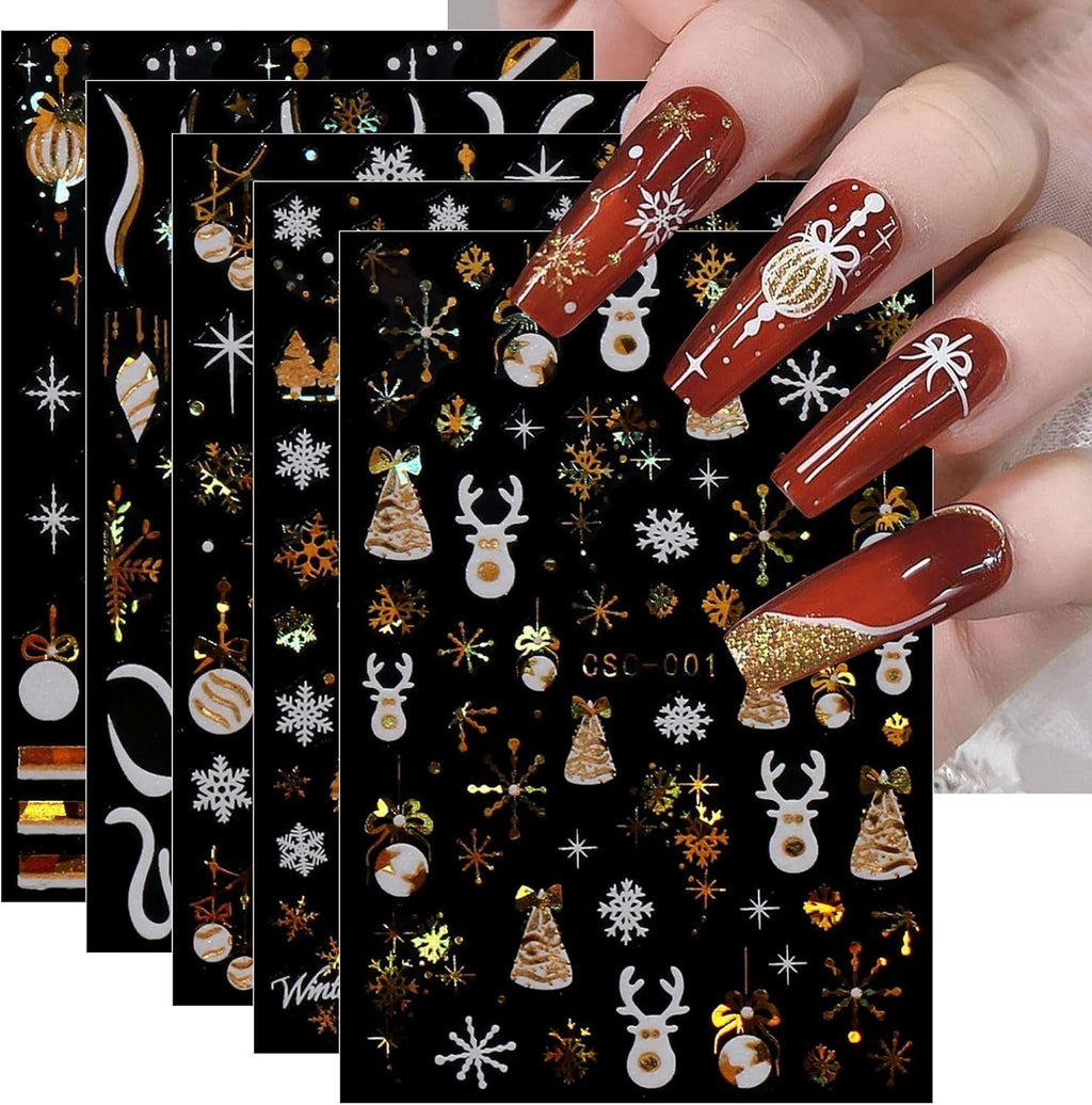 JMEOWIO Nagelsticker Weihnachten Gold Glitter Silber 8 Blatt Nail Art Sticker Selbstklebend Nagelaufkleber Schneeflocke Winterurlaub Dekoration Nageldesign Zubehör
