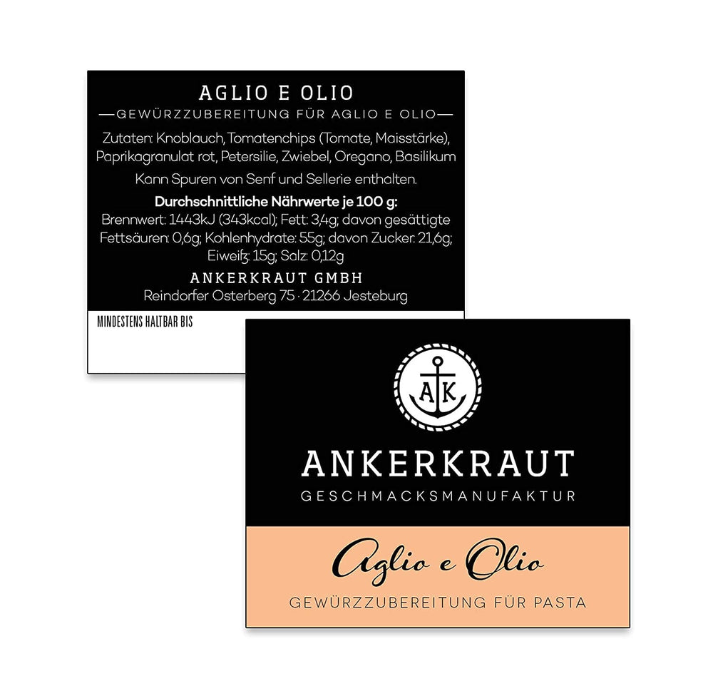 Ankerkraut Aglio e Olio, Gewürzmischung italienne pour pâtes et nouilles spaghetti classiques, 120g dans un sachet aromatique