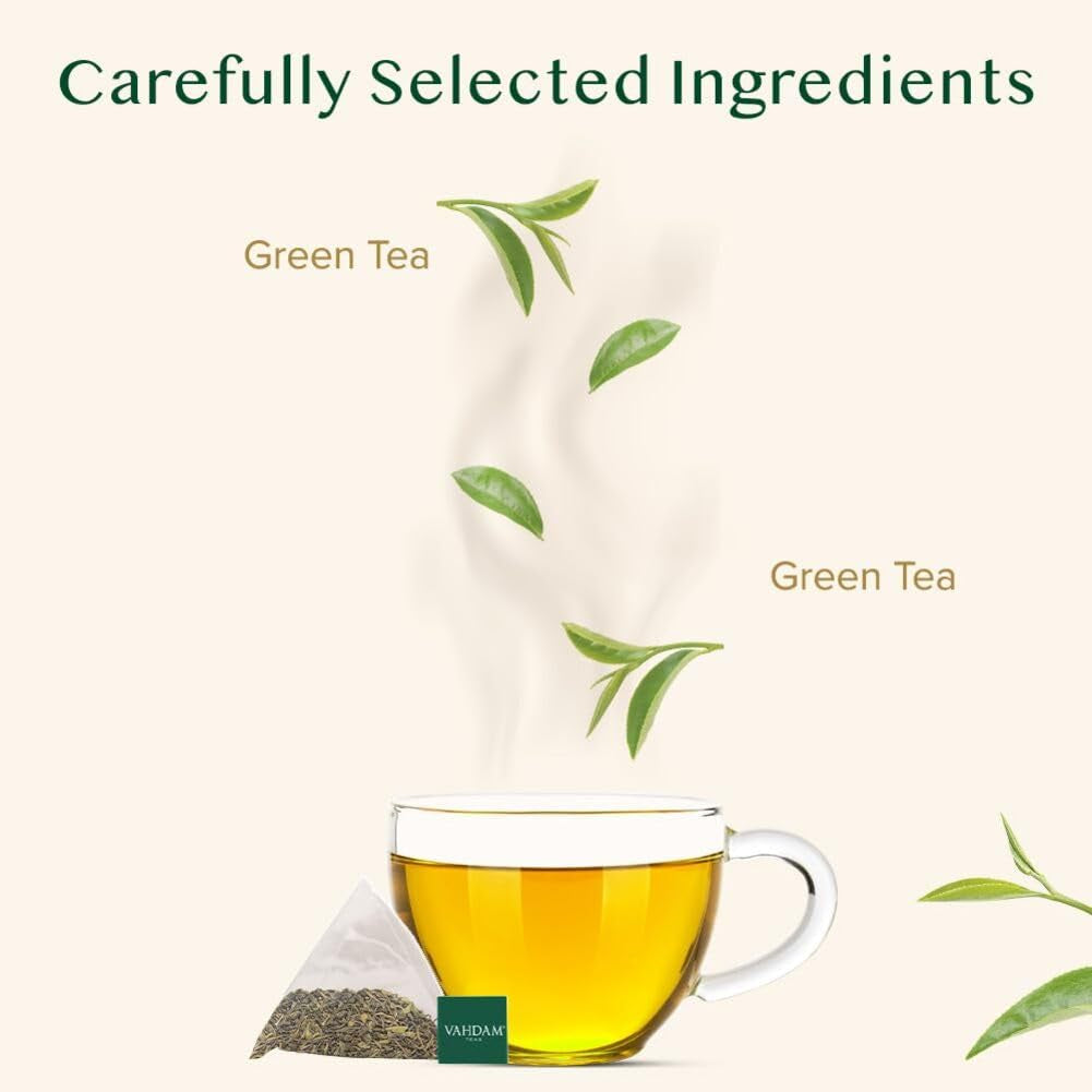 VAHDAM, ceai verde din Himalaya (100 pliculețe de ceai) 100% pur și aromat | Frunze de ceai verde natural | Vegan, fără gluten, fără lactoză | Proaspăt și direct de la sursa din India | Ceai verde