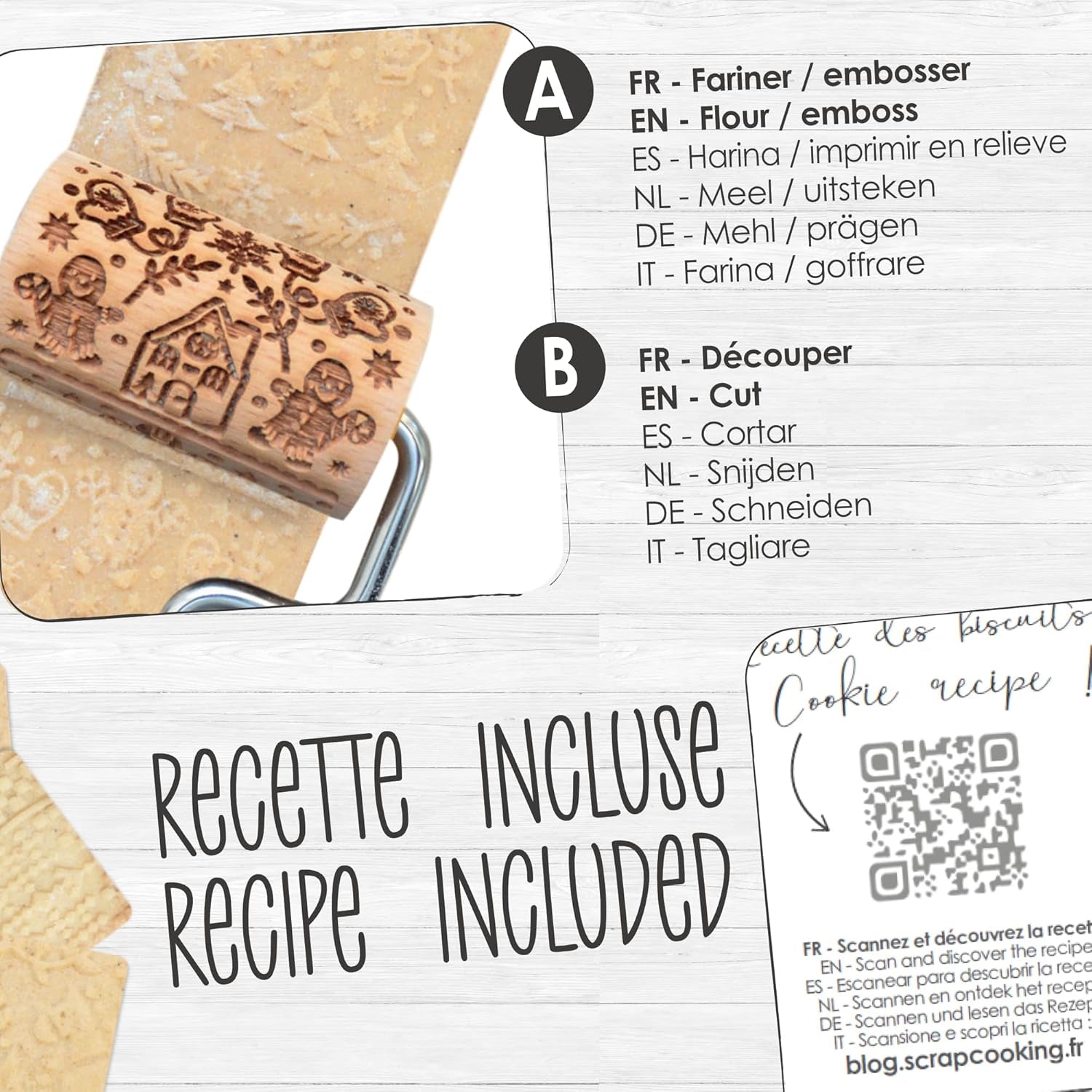 ScrapCooking 3798 Ensemble de rouleaux à biscuits de Noël - 3 mini rouleaux à biscuits en bois à motifs - Décorations en relief - Emporte-pièce sablé