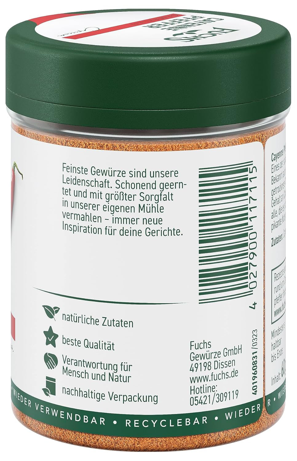 Fuchs Gewürze - Poivre de Cayenne gemahlen - pour un scharfen Geschmack dans toutes sortes de plats - ingrédients naturels - 60 g dans wiederverwendbarer, recyclebarer Dose