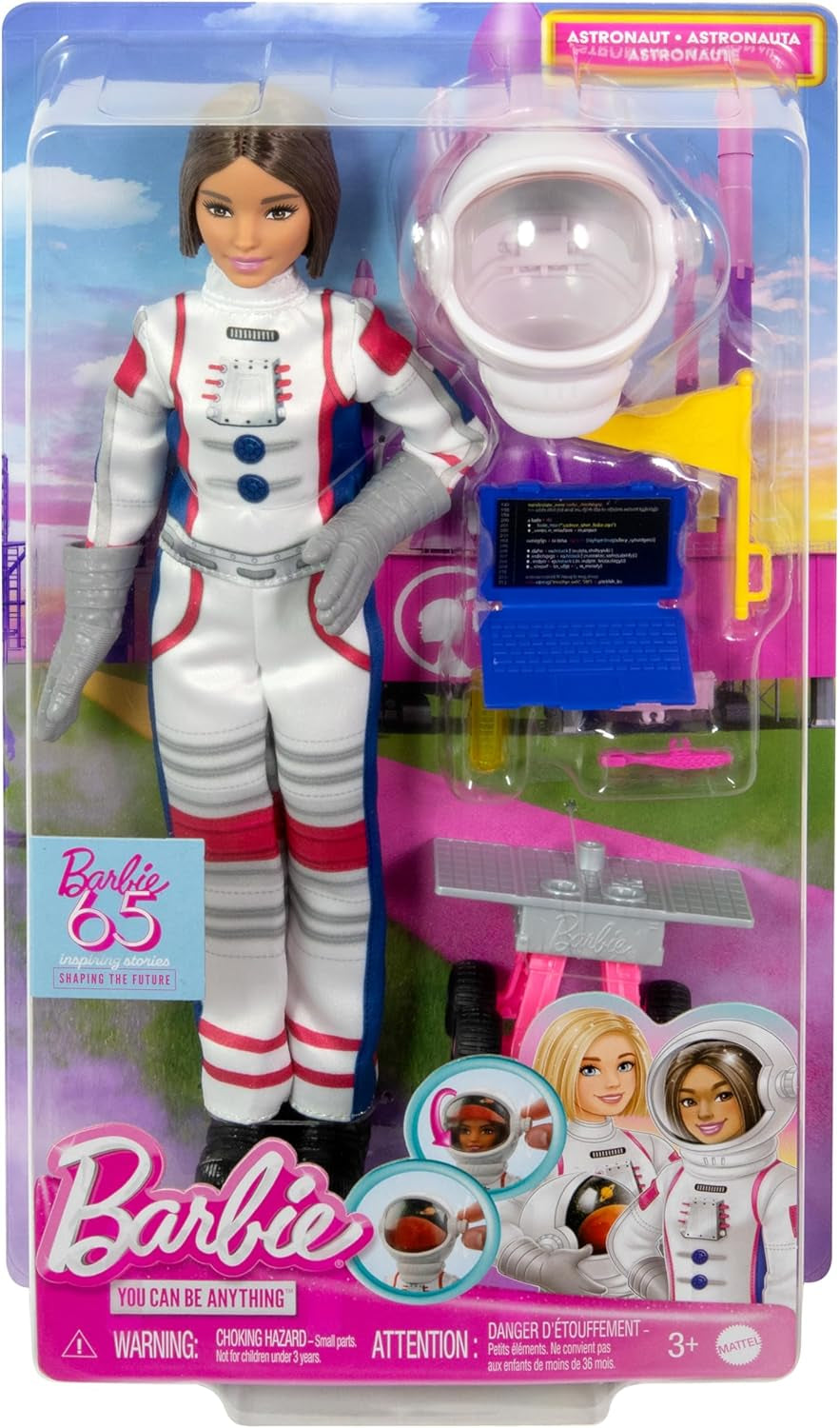 Poupée Barbie 65e anniversaire et 10 accessoires, ensemble astronaute poupée brune, rover à roues, casque spatial avec visière changeante et plus encore, HRG45