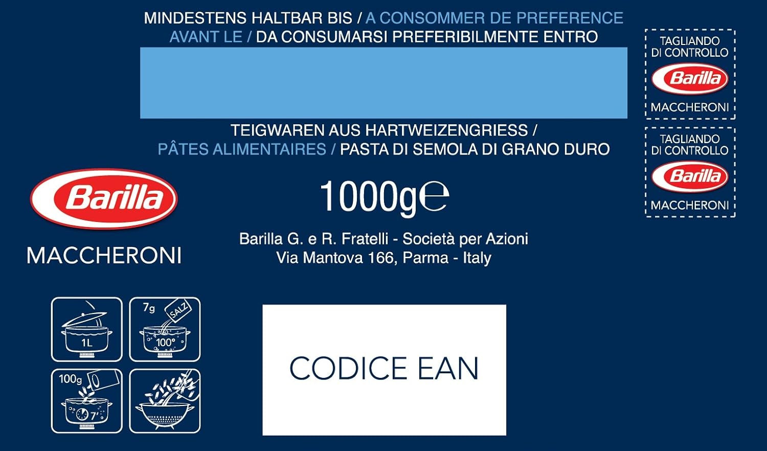 Pâtes de blé dur Barilla Maccheroni n. 44 – Paquet de 1 (1x1kg)