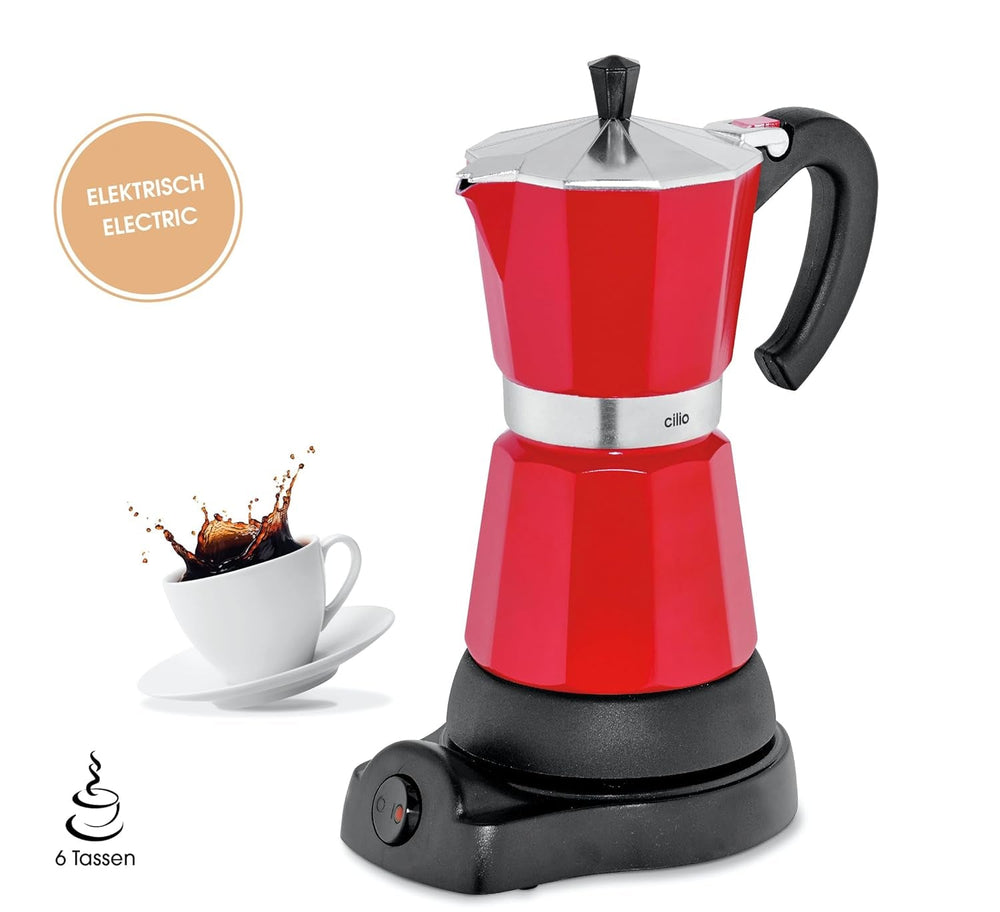 Machine à expresso Cilio Classico pour 6 tasses | électrique 480W | Ø 11,5 cm Hauteur : 25 cm | aluminium | rouge | table de cuisson intégrée | avec fonction de rétention de chaleur et filtre réducteur | pour voyager ou camper