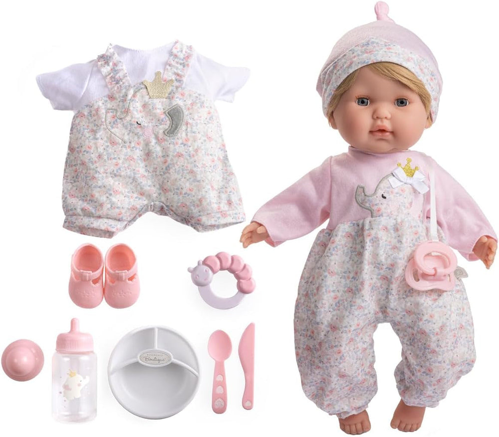 38 cm große realistische Babystoffpuppe mit offenen/geschlossenen Augen | JC Toys - Berenguer Boutique | 10-teiliges Geschenkset mit Flasche, Rassel, Schnuller & Zubehör | Blau | ab 2 Jahren.