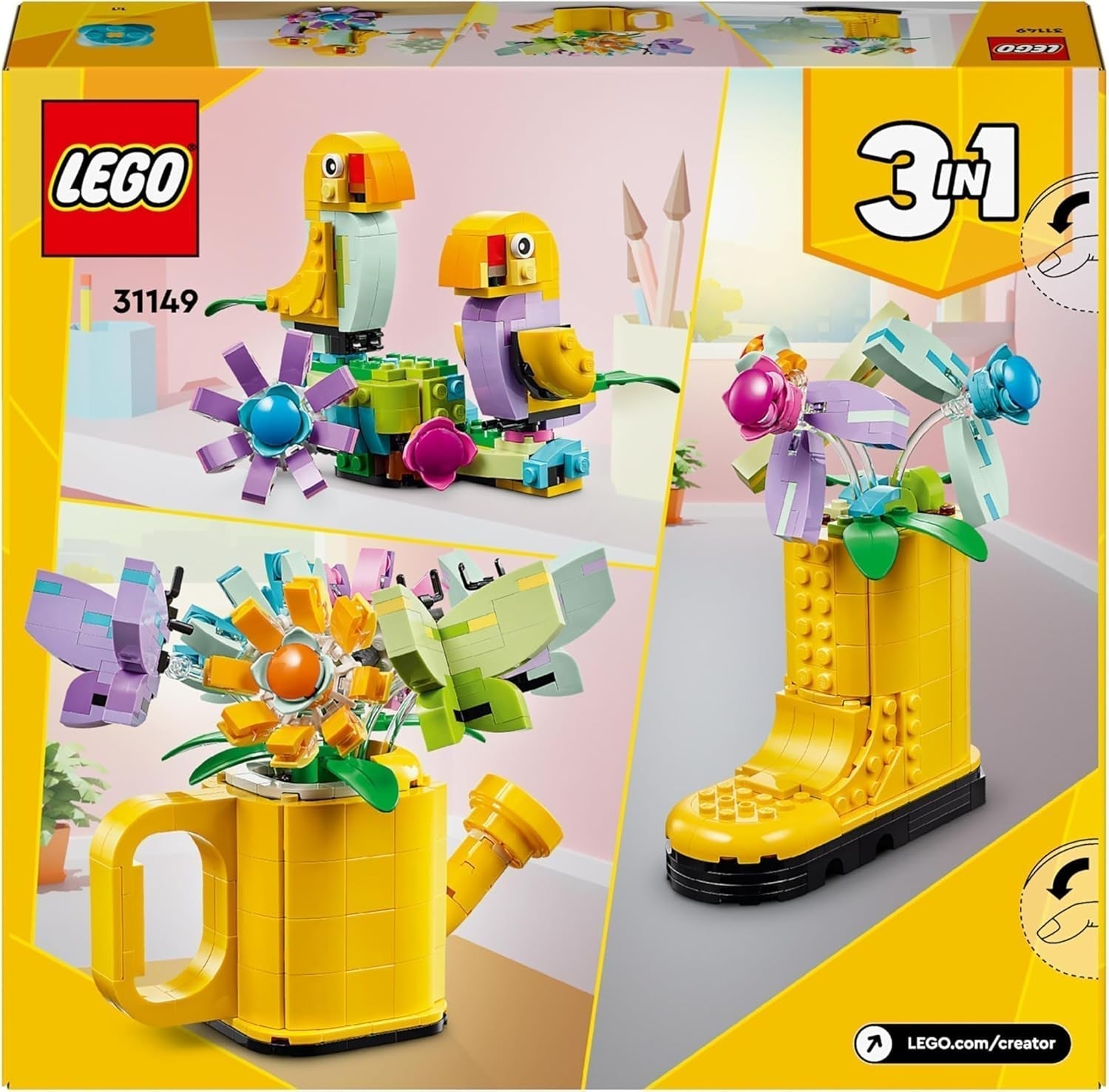 LEGO Creator Ensemble d'arroseurs de fleurs 3 en 1, décoration de chambre d'enfant, construisez un arroseur avec un bouquet de fleurs, des bottes en caoutchouc ou 2 oiseaux jouets, cadeau créatif pour filles et garçons de 8 ans 31149 Ensembles de construction Besuche den LEGO-Store