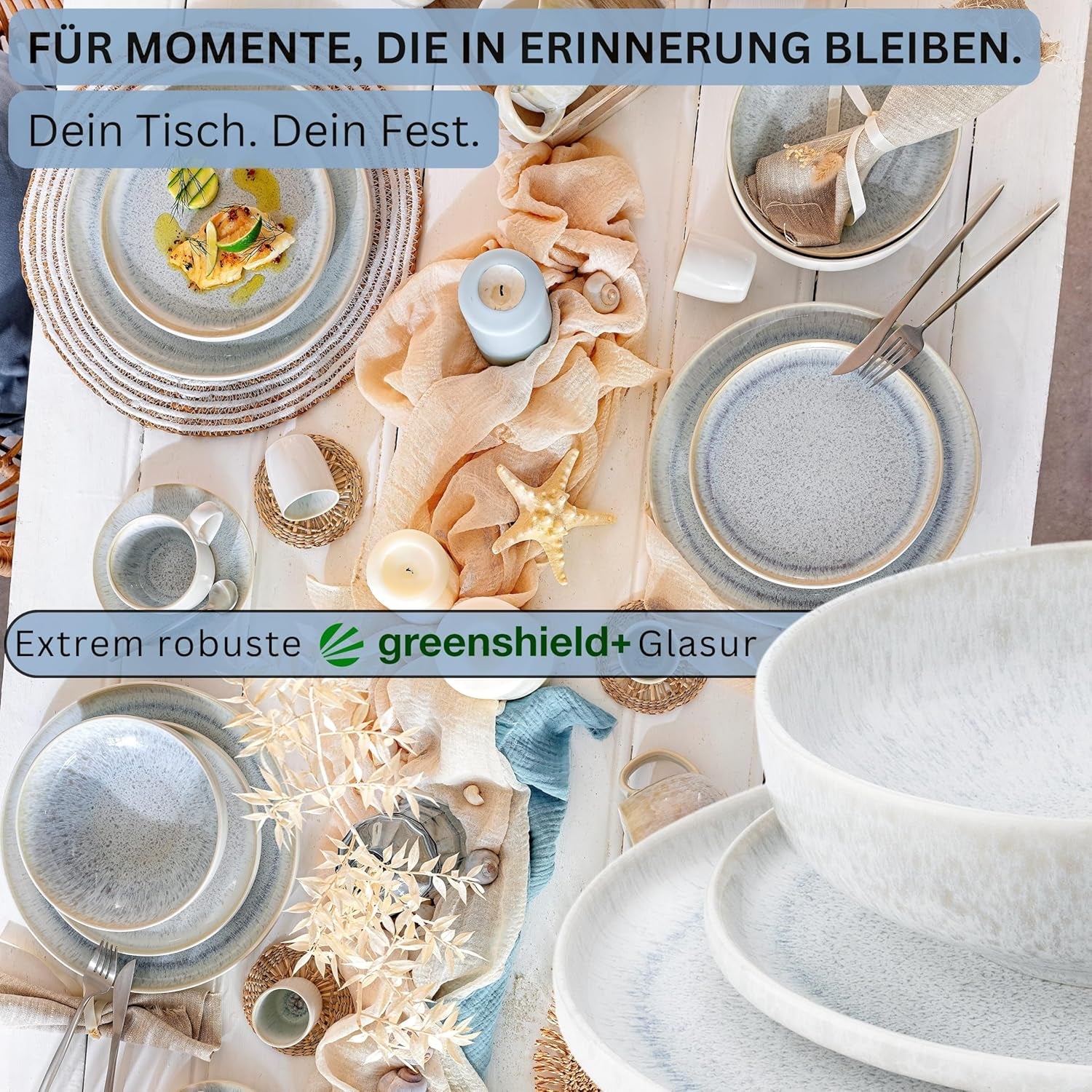 SANGER | Service de table Santorin 12 pièces Service d'assiettes pour 4 personnes TRÈS BON Service de table en grès comprenant des assiettes plates, des assiettes à dessert et des assiettes Suma Crème Lilas Bleu Dégradé | LA COLLECTION PREMIUM