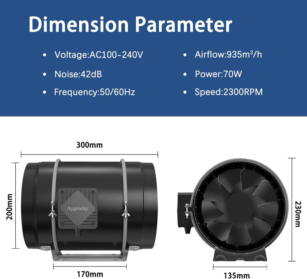 Aygrochy Ventilateur de conduit réglable 200 mm 70 W avec moteur EC pour chauffage, refroidissement, boosters, tentes de culture, culture hydroponique, ménage, ventilation et ventilateur d'échappement.