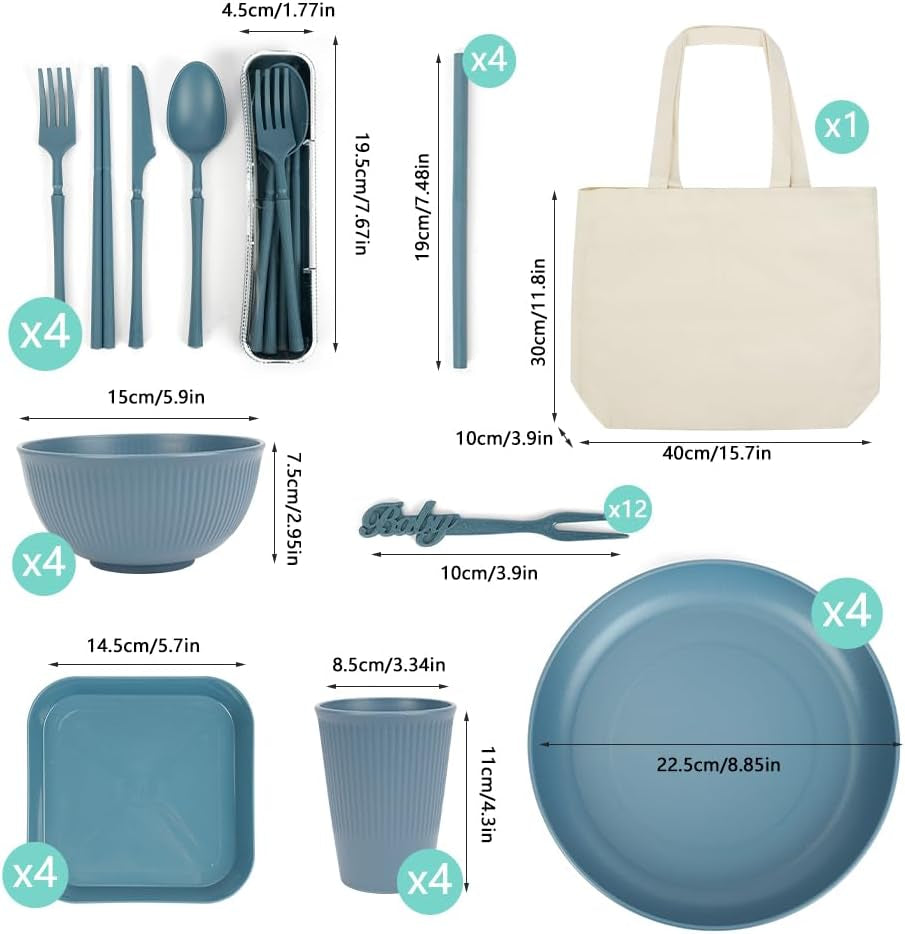 Ensemble de vaisselle de camping 53 pièces pour 4 personnes, vaisselle de camping indestructible pour 4 personnes, ensemble de vaisselle en plastique léger avec sac de transport, assiettes et bols empilables, vaisselle de pique-nique de jardin pour barbecue